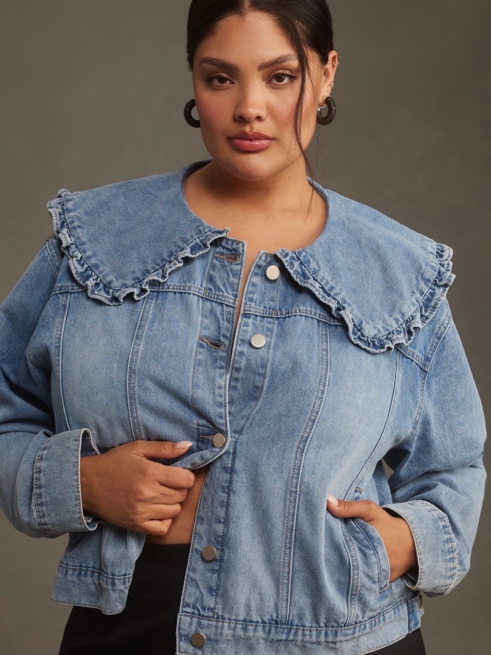 Anthropologie MABLE Light Blue Denim Jacket with Ruffle Detail - Size 2X